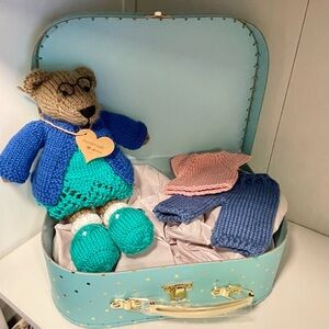 Handmade Knitted Bear with Additional Cloths and Suitcase